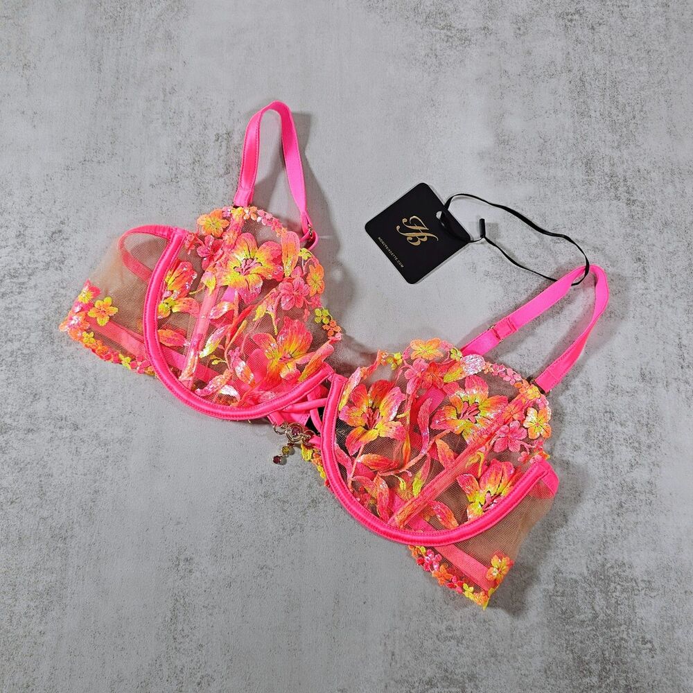 Honey Birdette Summer Neon Pink Floral Embroidered Balconette Bra Size 38C